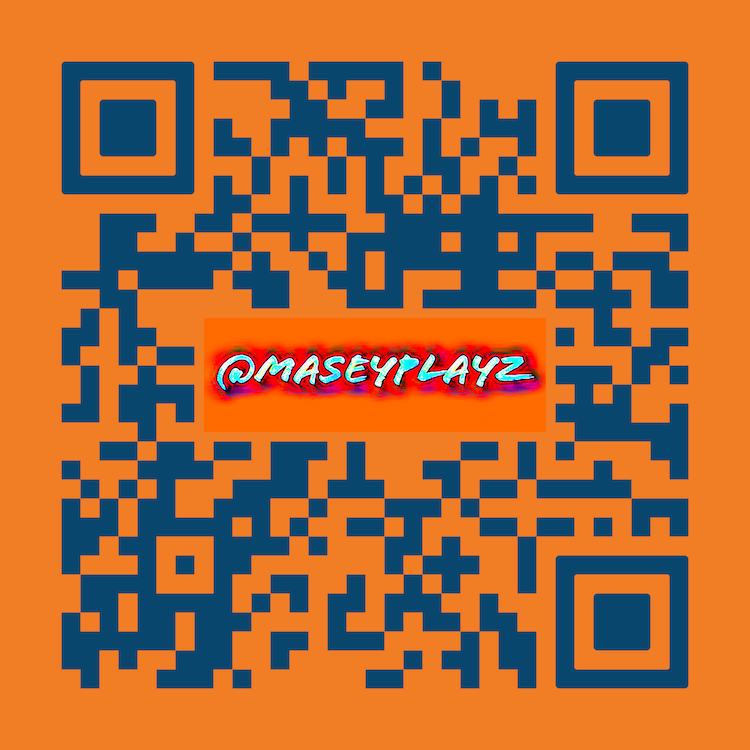 Scannable code from the MaseyPlayz brand kit, printed beside the channel address
